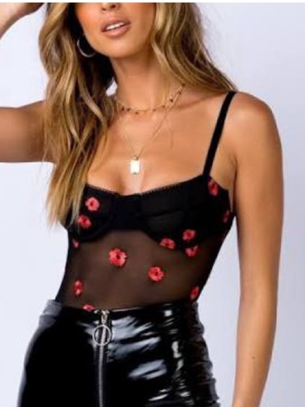 Princess Polly Black Sheer Mesh Bodysuit with Red Floral Embroidery